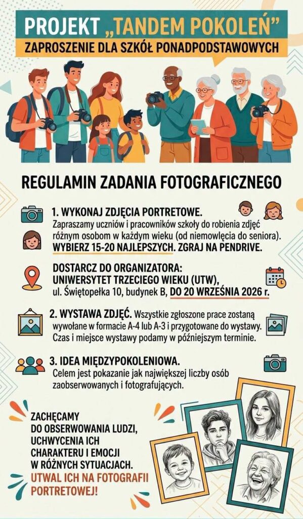 Plakat informacyjny projektu „Tandem pokoleń” z regulaminem zadania fotograficznego dla uczniów.