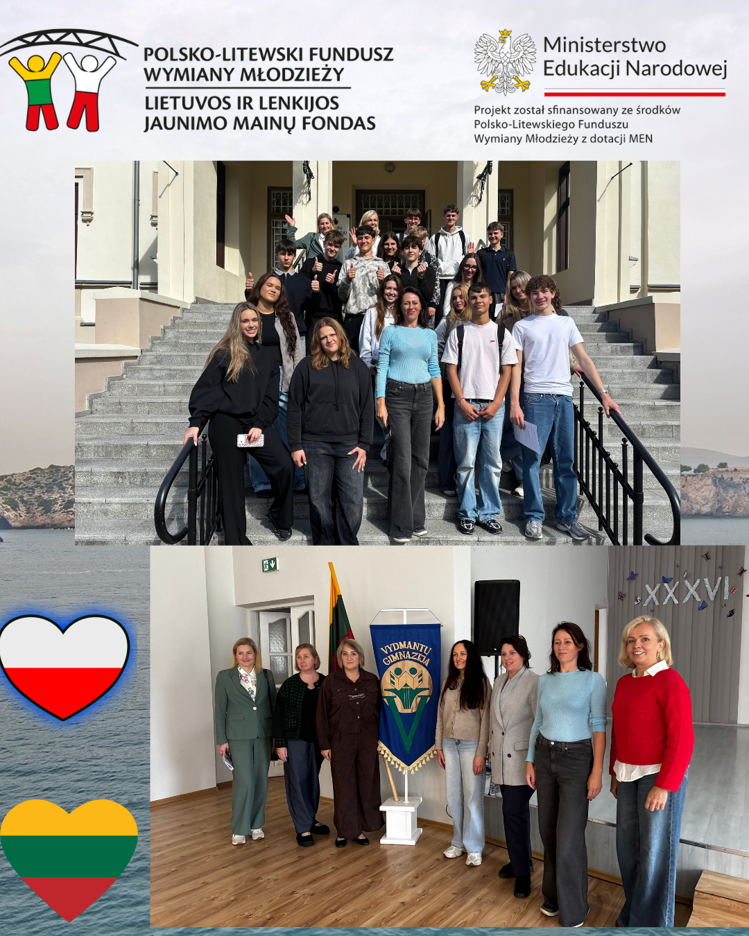 Drugi dzień wymiany PLFWM w Kretyndze - uczniowie na schodach Muzeum Tyszkiewiczów oraz nauczycielki w Vydmantų Gimnazija