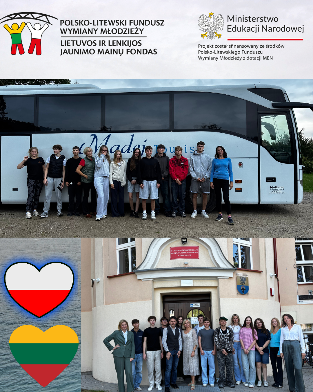 Relacja z pierwszego dnia wymiany PLFWM - grupa uczniów przy autokarze i przed szkołą, logotypy Polsko-Litewskiego Funduszu Wymiany Młodzieży